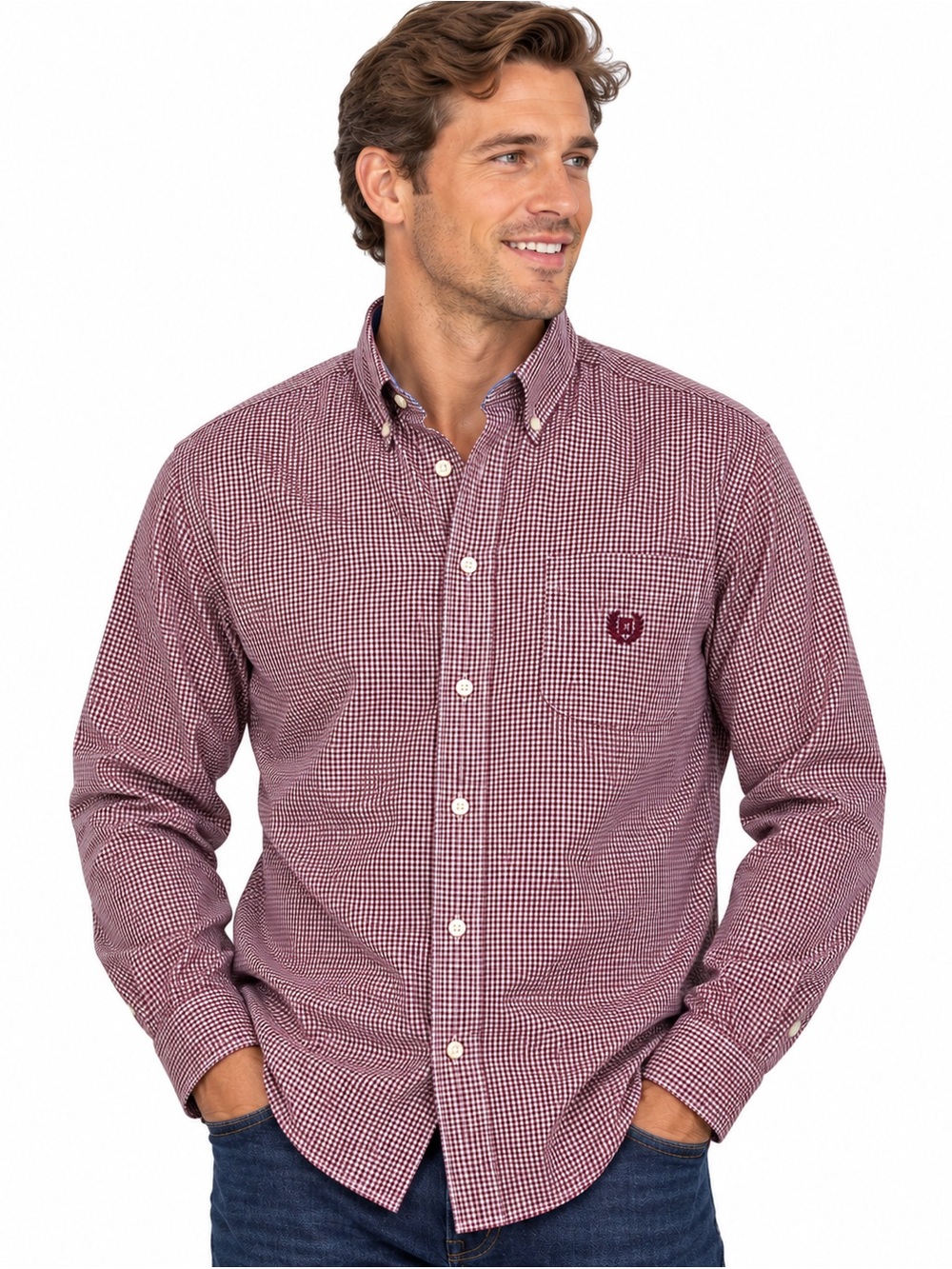 Chaps Men’s XL Long Sleeve Button Down Shirt Burgundy Micro Check 60/40 Cotton